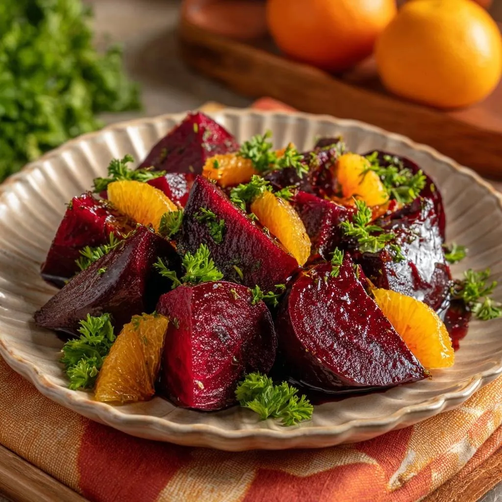 Orange glazed roasted beets recipe plated with fresh parsley and orange slices, showcasing a vibrant garnish.
