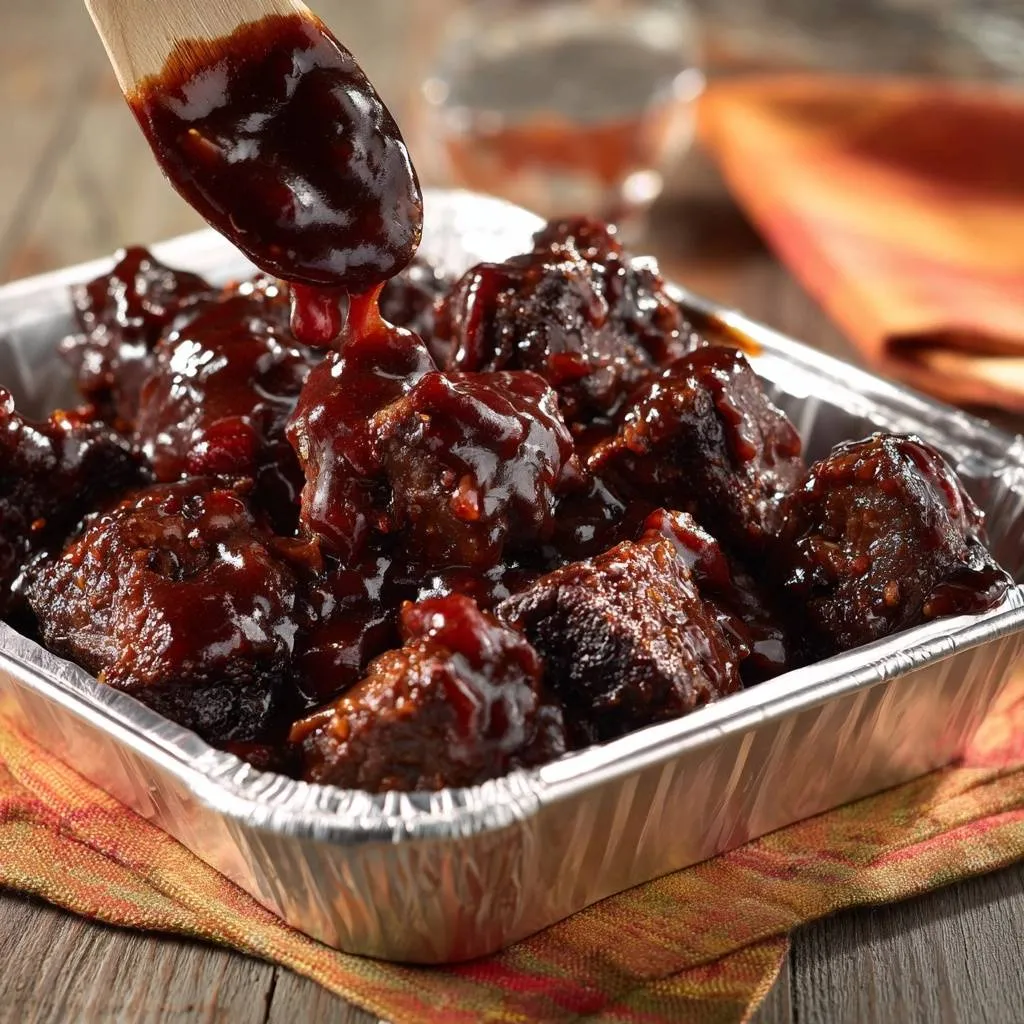 Oven-baked BBQ meatballs being drizzled with glossy sauce from a wooden spoon in a foil pan.