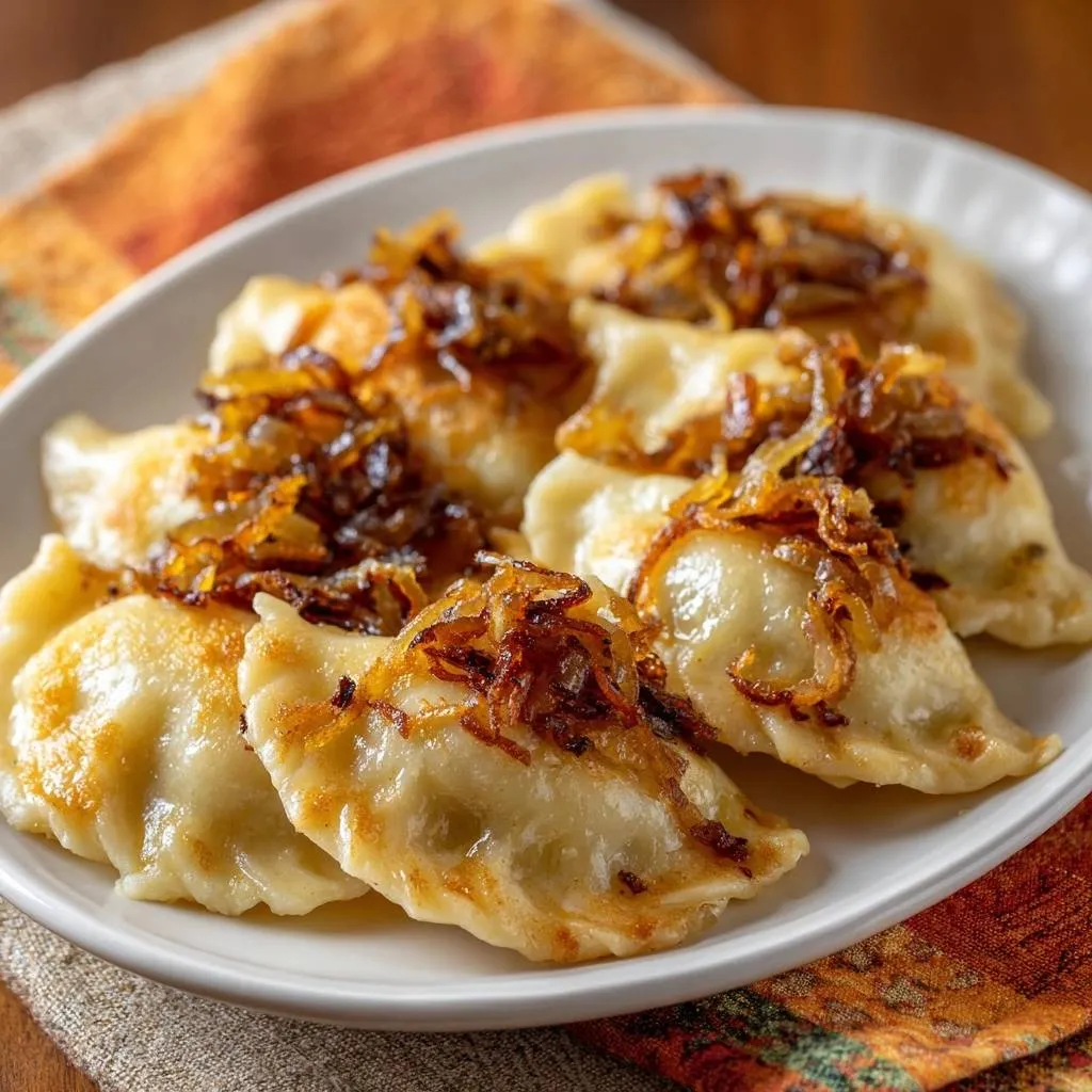 Crispy pan-fried potato cheese pierogi served on a white plate, topped with golden-brown caramelized onions.