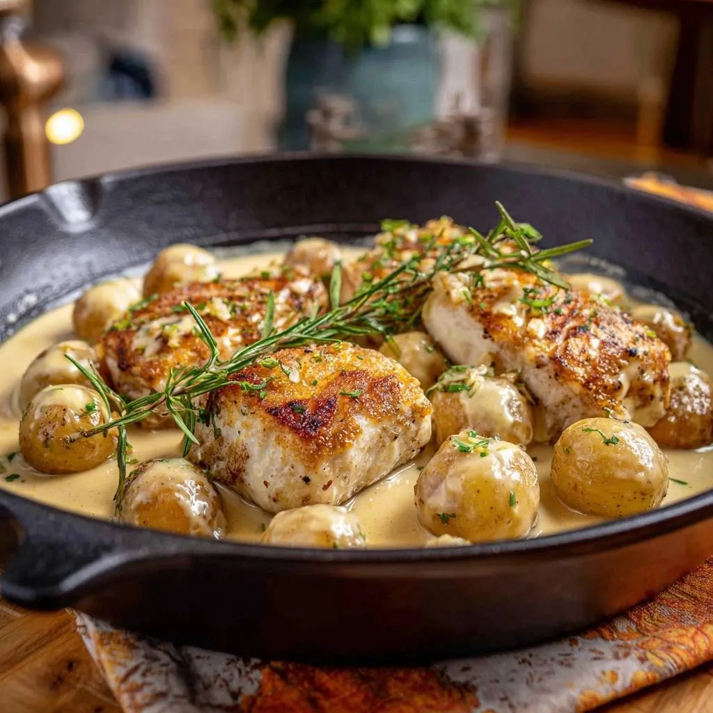 Pan-seared cod with creamy rosemary baby potatoes served in a cast iron skillet with a rosemary sprig garnish.
