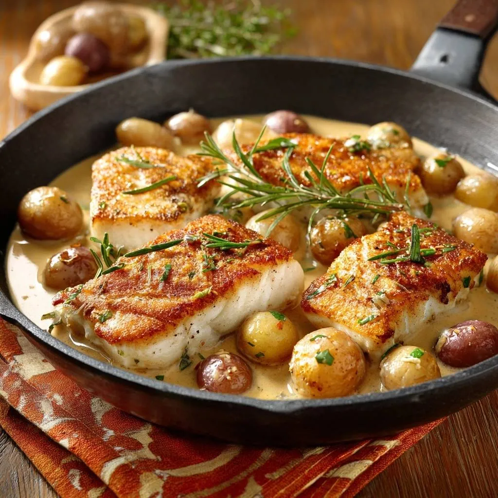 Pan-Seared Cod with Creamy Rosemary Baby Potatoes - recipe image