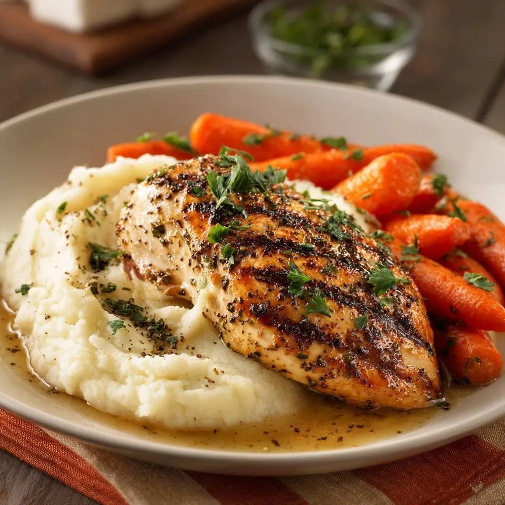 Pan-seared herb chicken with creamy mash and glazed carrots, a single serving plated with a close-up view of the chicken and sides.