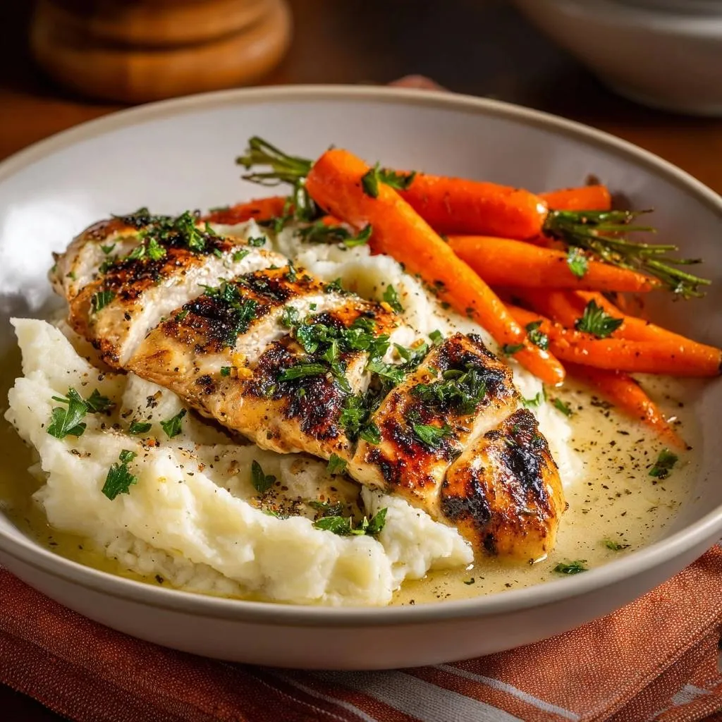 Pan-Seared Herb Chicken with Creamy Mash & Glazed Carrots - recipe image