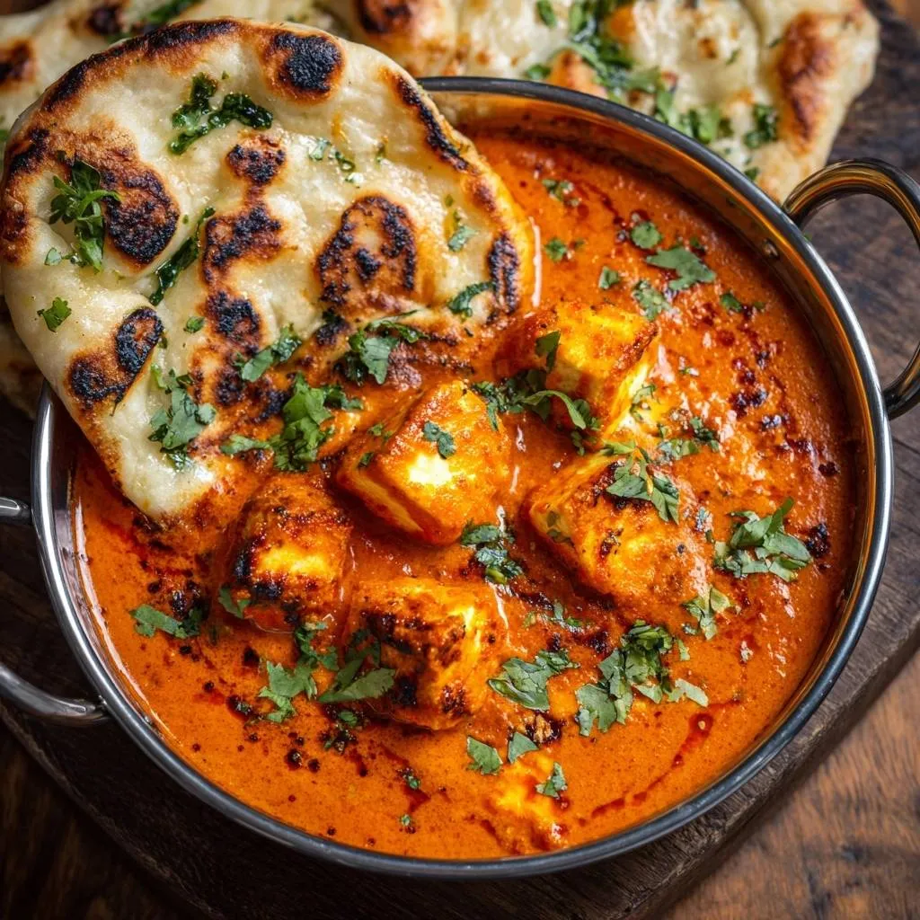 Paneer Butter Masala features tender paneer cubes in a rich, creamy gravy, garnished with fresh cilantro and a piece of naan.