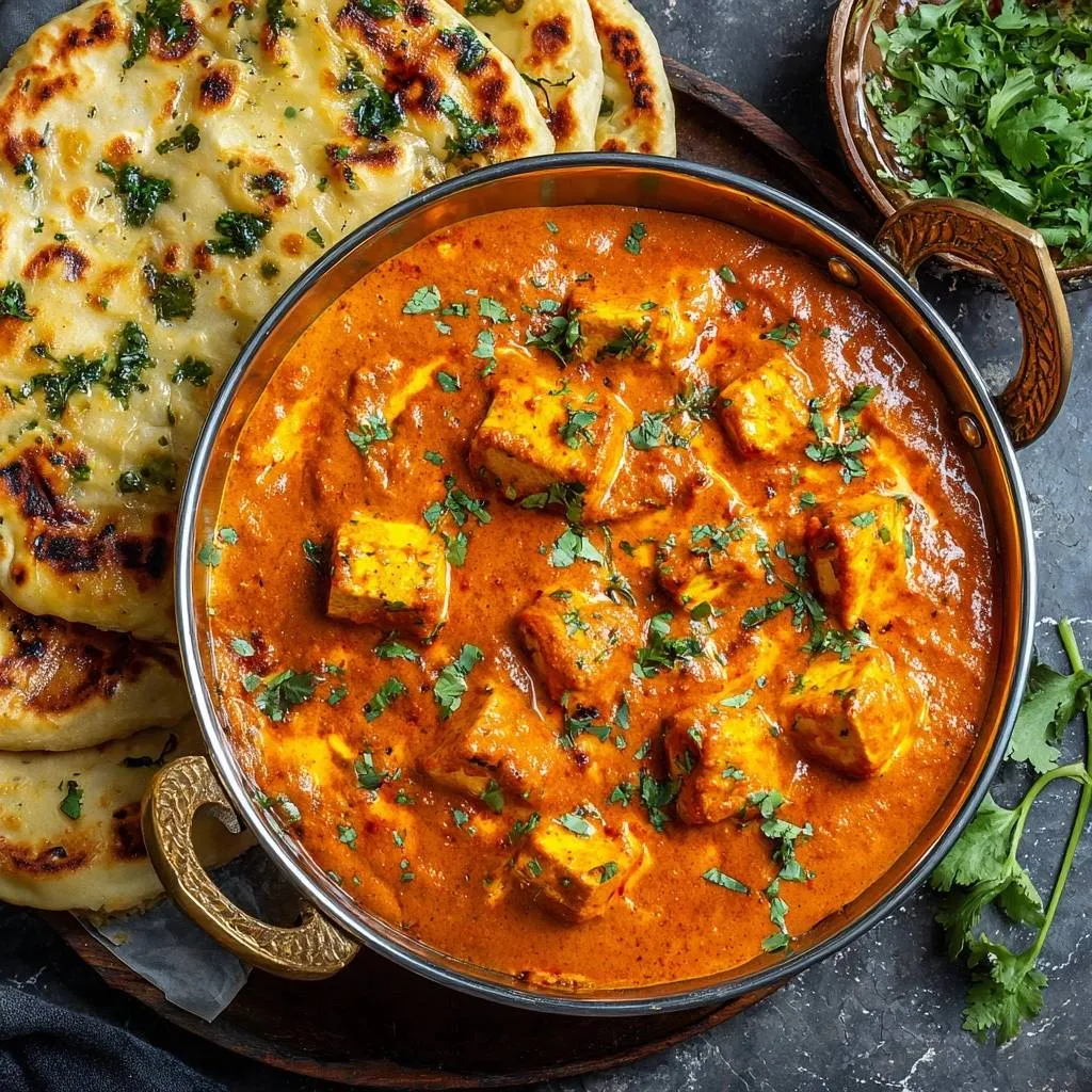 Paneer Butter Masala with tender paneer cubes in creamy gravy, garnished with fresh cilantro, served in a traditional bowl.