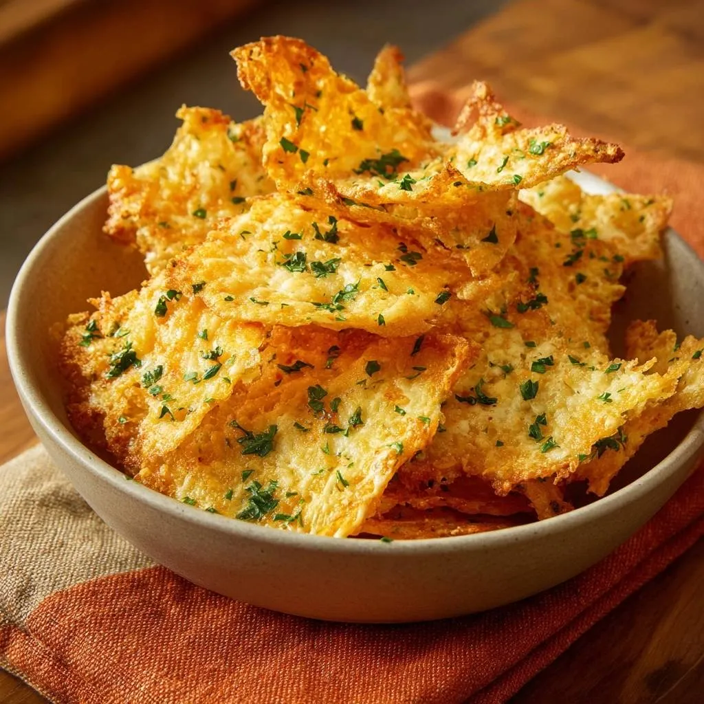 Shatteringly crispy Parmesan crisps piled high in a bowl, garnished with fresh parsley, showing irregular edges and golden-brown texture.