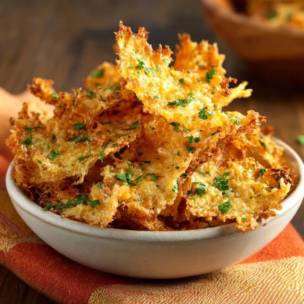 Shatteringly crispy parmesan crisps with chopped parsley garnish piled high in a white bowl.