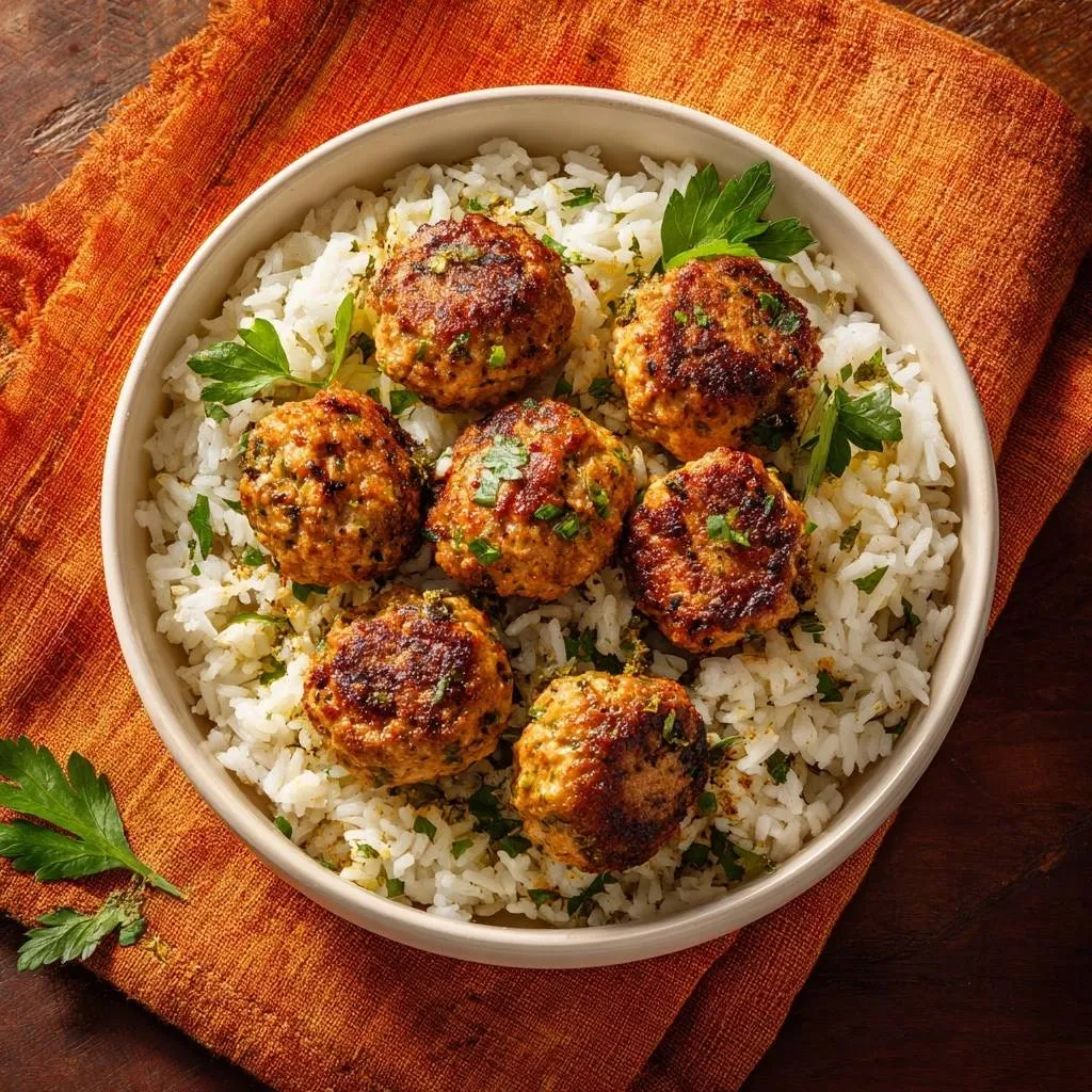 Juicy Parsley Chicken Meatballs over Rice in a bowl, viewed from directly above and garnished with fresh parsley.