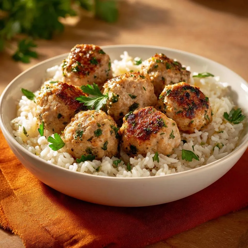 Juicy parsley chicken meatballs over rice presented in a close-up bowl view with fresh parsley garnish.