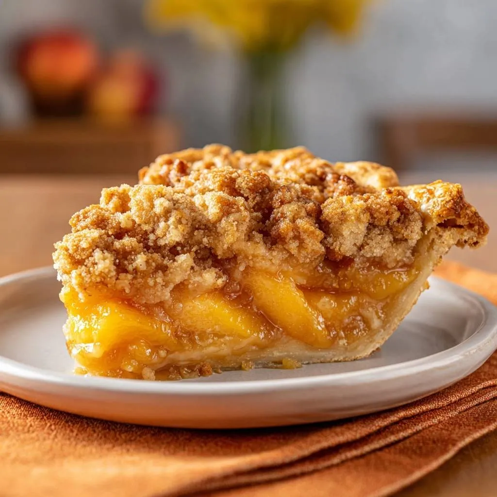 Peach crumb pie with no-runny filling shown in a close-up cross-section revealing the juicy fruit filling and crumb topping.