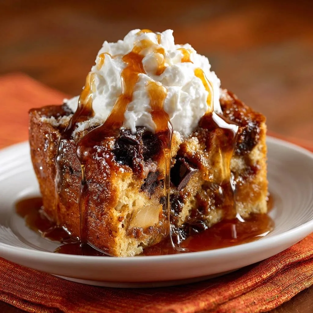 Pear chocolate bread pudding served as a plated slice, drizzled with caramel sauce and topped with whipped cream.