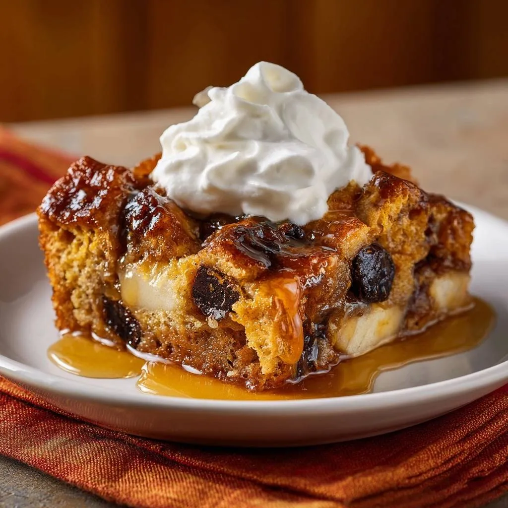 Pear chocolate bread pudding served on a white plate, topped with a generous dollop of whipped cream and drizzled with caramel.