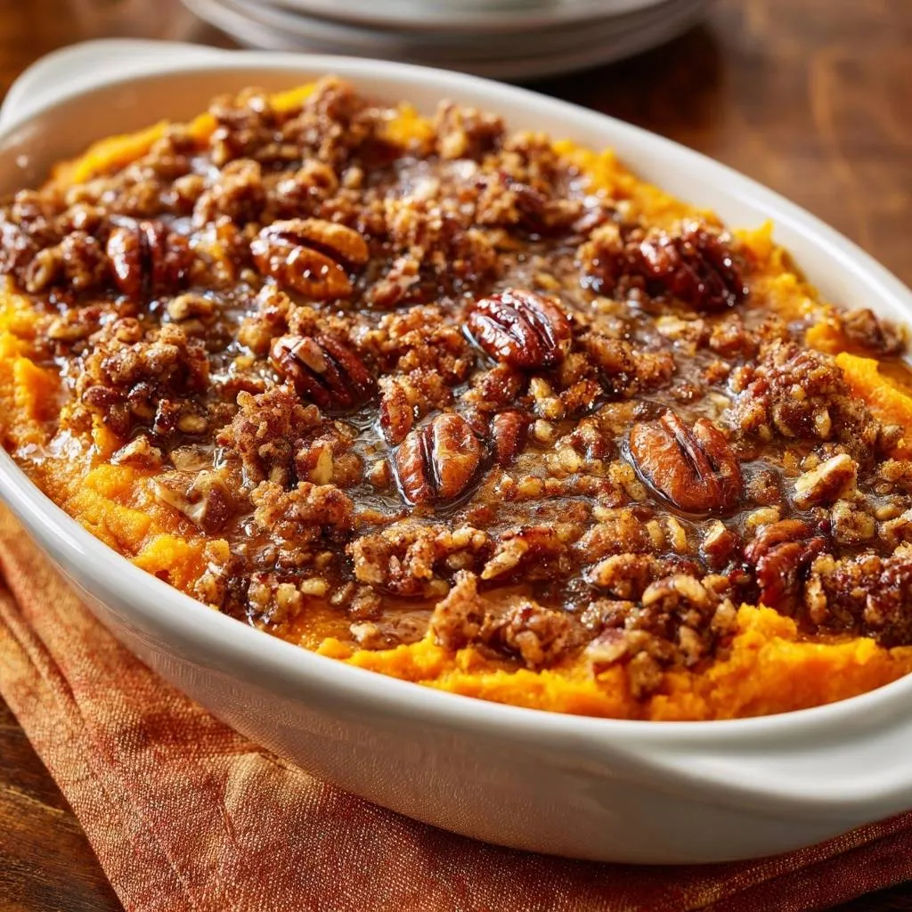 Pecan streusel sweet potato casserole with a close-up view of the crunchy pecan and crumble topping.