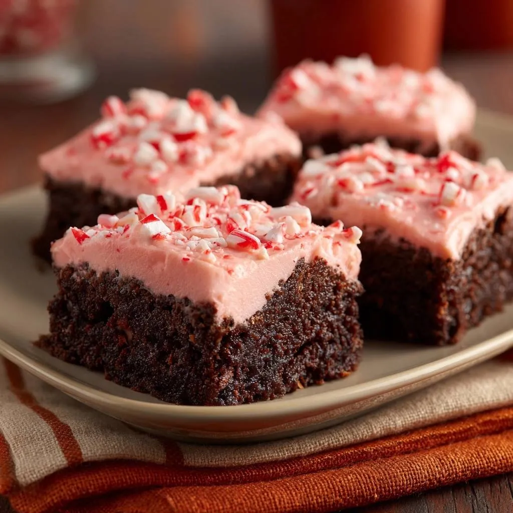 Peppermint frosted brownies, a close-up view of fudgy squares topped with pink frosting and crushed candy canes.