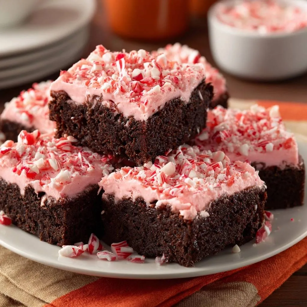 Peppermint frosted brownies with fudgy texture, artfully arranged on a white plate with crushed candy cane topping.