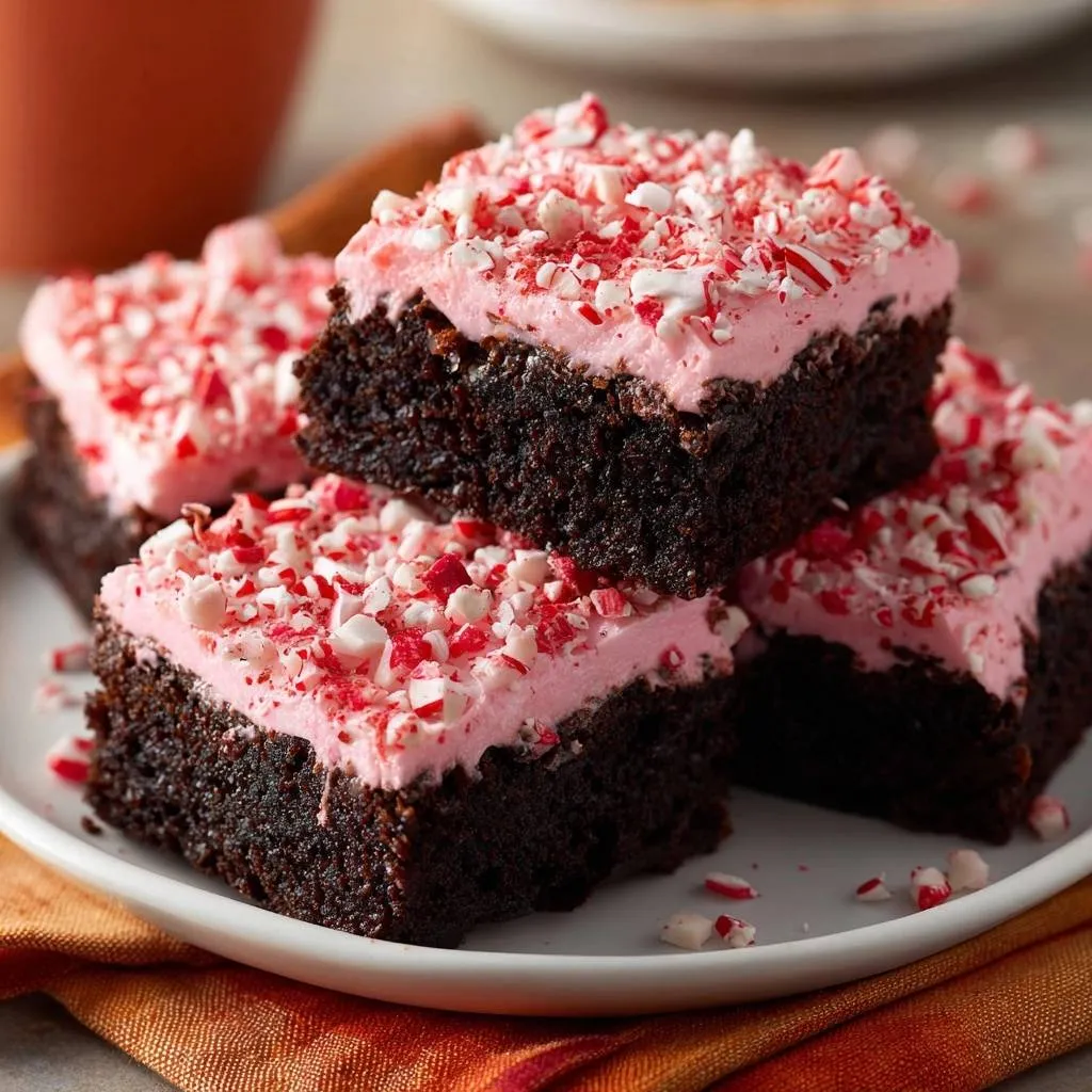 Peppermint frosted brownies with fudgy texture stacked on a white plate, showing the pink frosting and crushed candy topping.