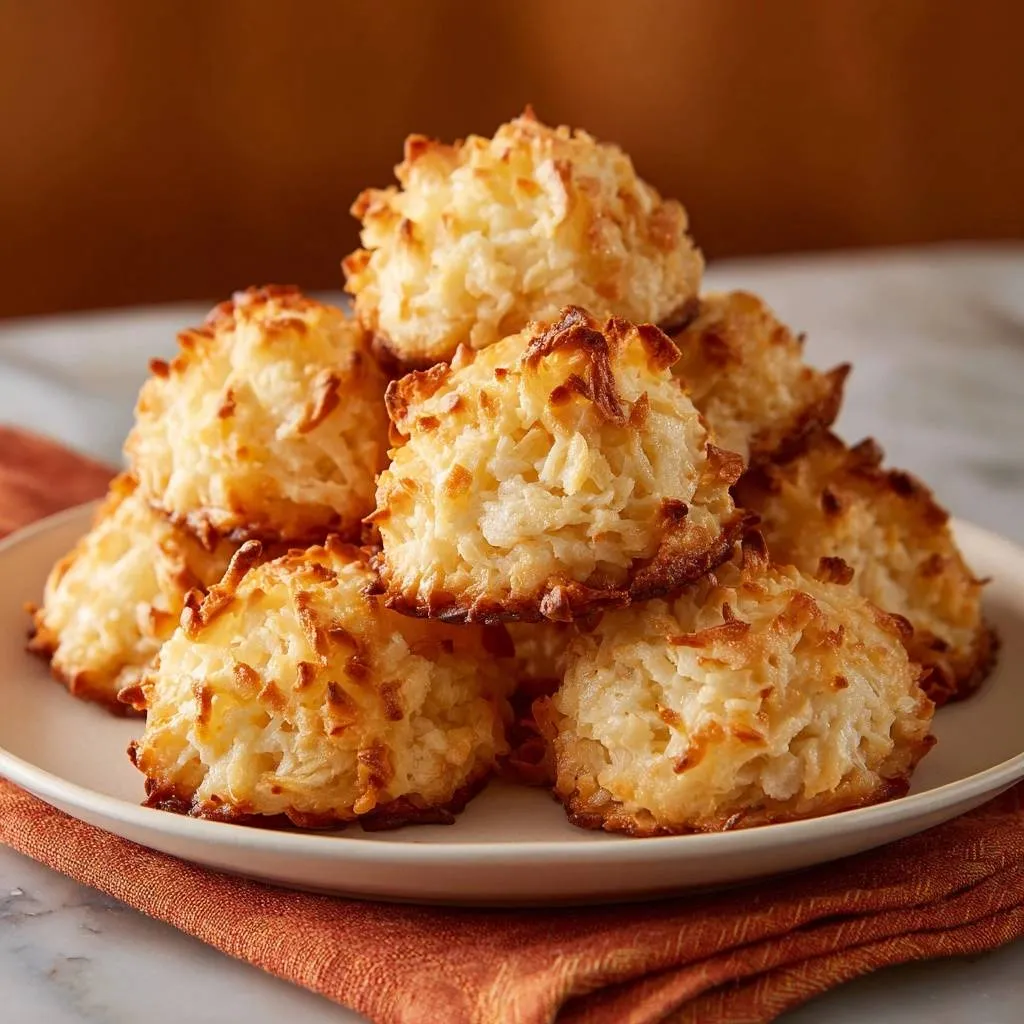 Perfect coconut macaroons with dome shape piled high on a white plate with an orange napkin.