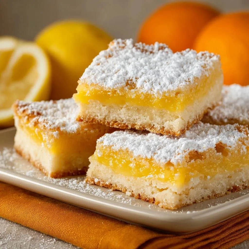 Perfect lemon bars stacked on a plate, showing a close-up cross-section of their firm, bright yellow filling and shortbread crust.