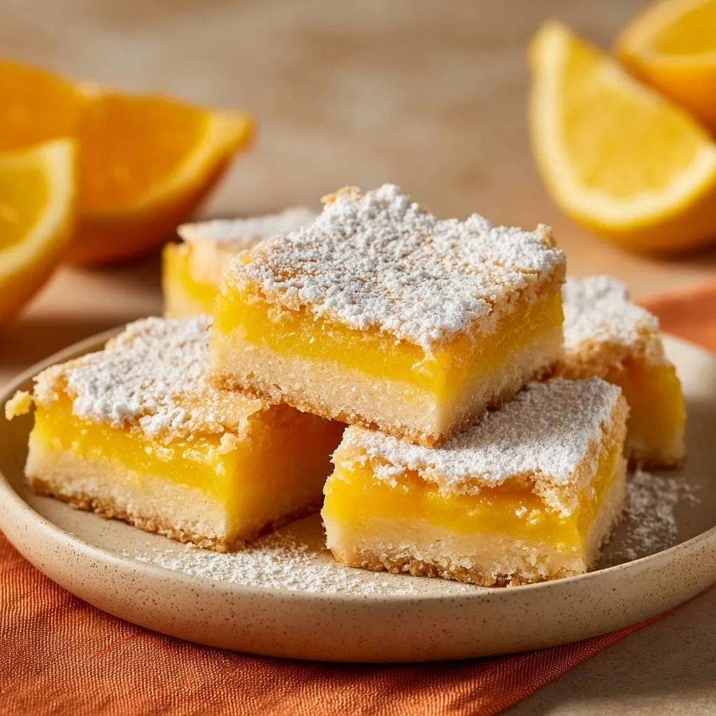 Perfect lemon bars with a firm filling are stacked on a plate, dusted with powdered sugar, with lemon wedges in the background.