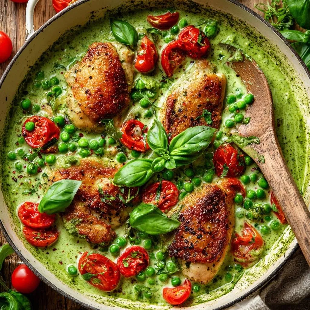 Pesto chicken thighs with peas and sun-dried tomatoes in a skillet, viewed from directly overhead with a wooden spoon.