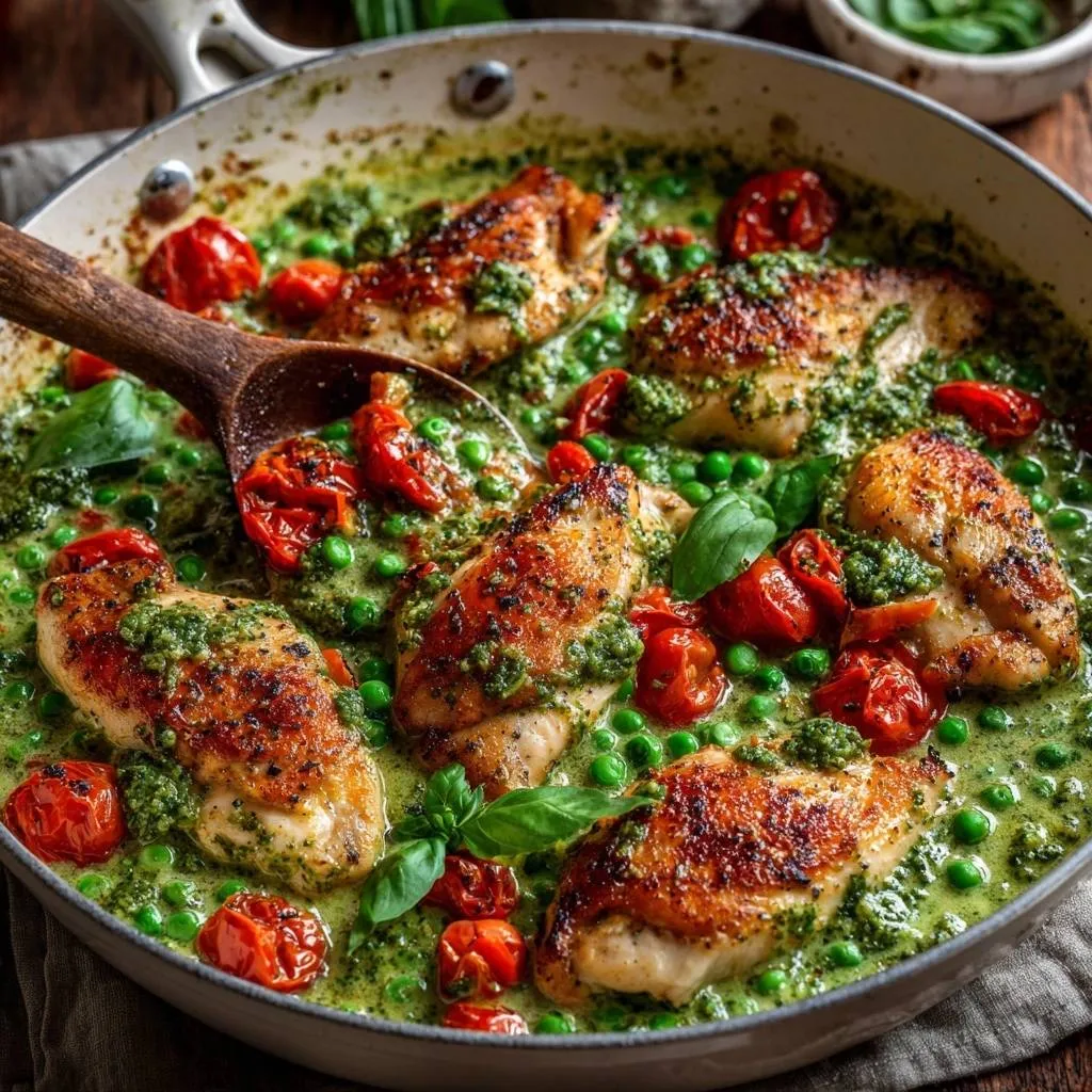 Pesto chicken thighs with peas and sun-dried tomatoes being scooped from a skillet with a wooden spoon.
