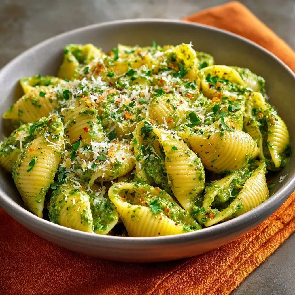 Vibrant pesto shell pasta served in a bowl, close-up view showing the texture and garnishes.