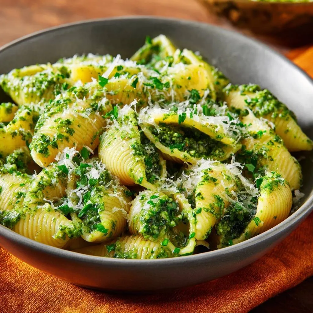 Vibrant pesto shell pasta served in a deep bowl, showcasing the rich green sauce and grated cheese.