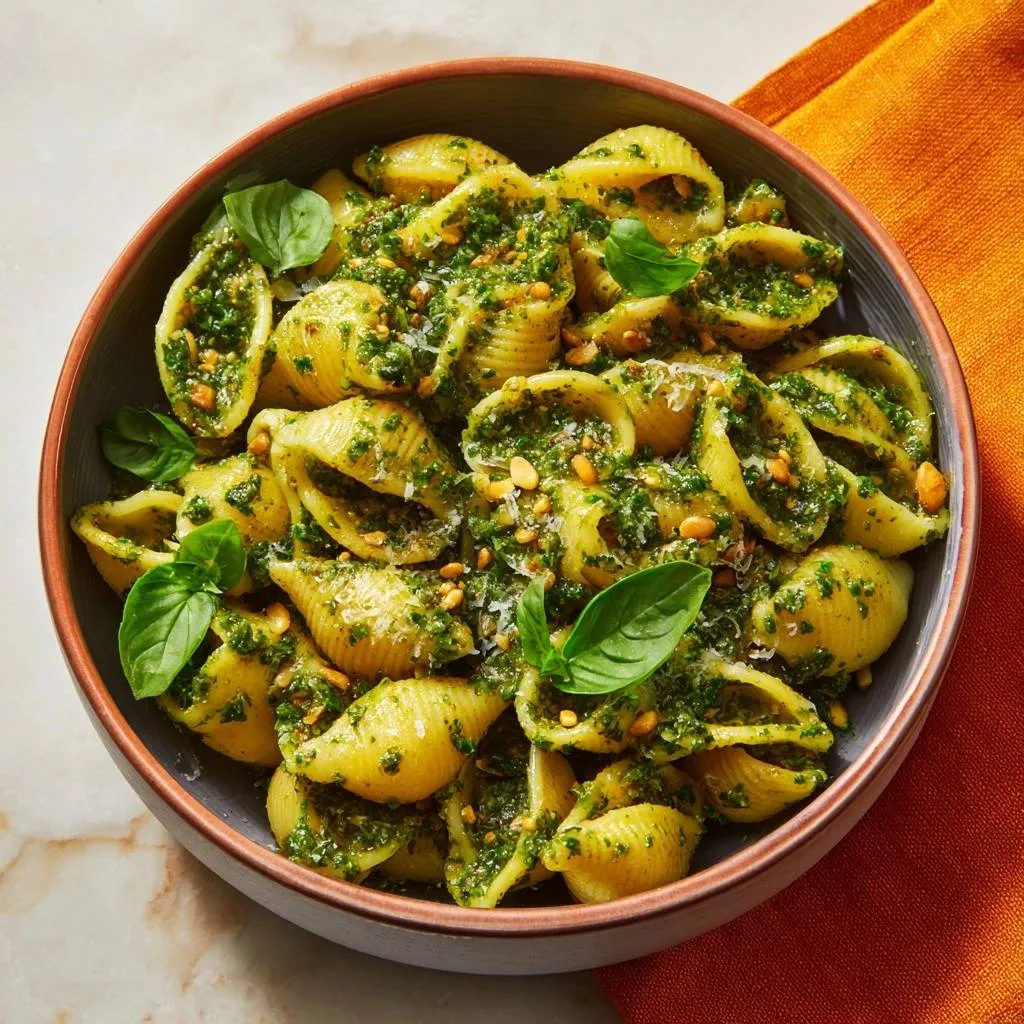 Pesto shell pasta with basil and pine nuts in a rustic bowl, showcasing the glossy sauce.