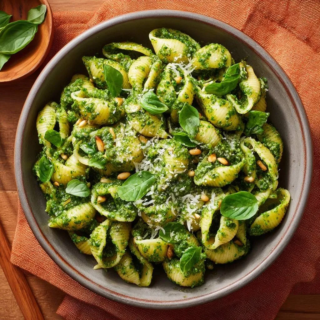 Pesto shell pasta in a rustic bowl, showcasing a vibrant green sauce and fresh basil garnish from an overhead perspective.