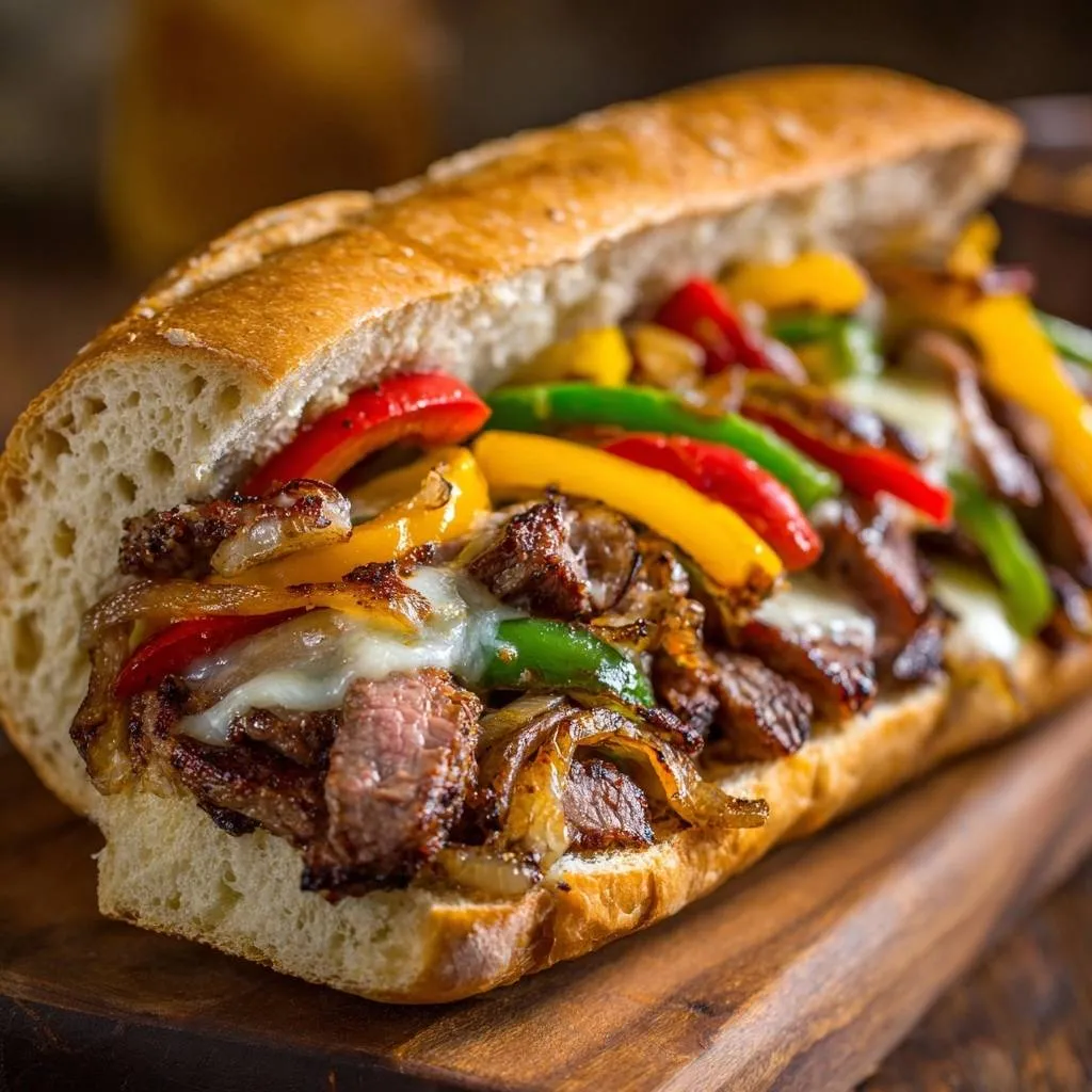 Philly cheesesteak with juicy ribeye, melted cheese, and colorful peppers shown in a close-up cross-section view.