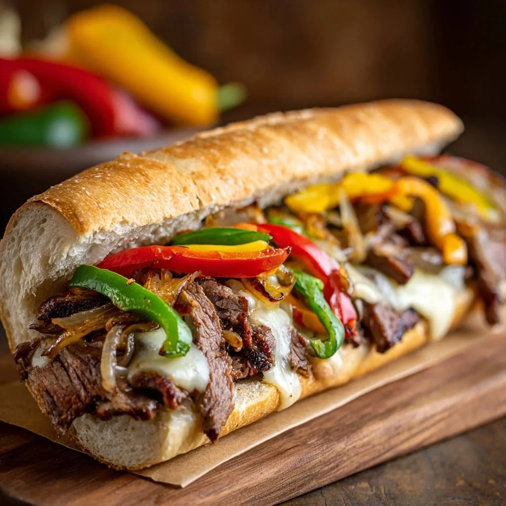 Philly cheesesteak with juicy ribeye and melted cheese, showcasing colorful bell peppers and onions in a close-up view.