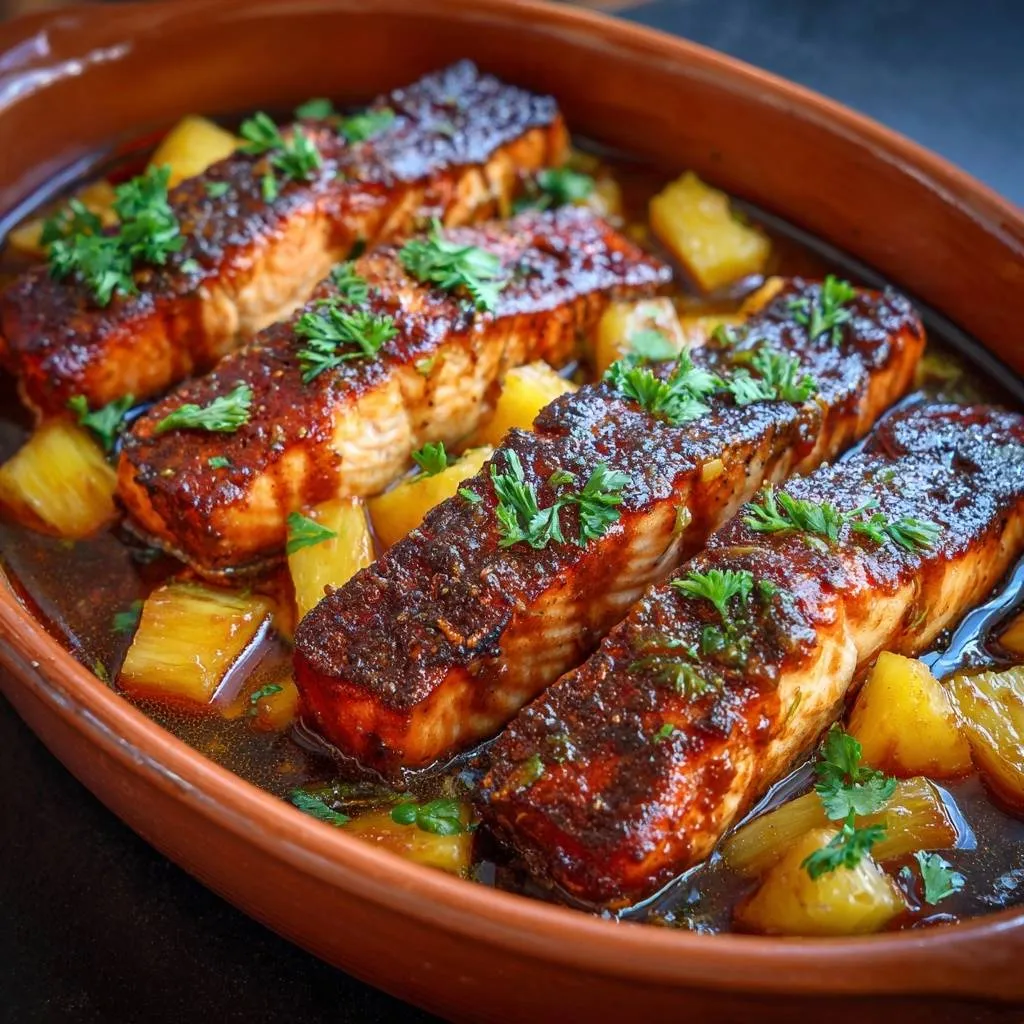 Pineapple glazed salmon with a rich glaze and fresh parsley garnish, served in a rustic dish.