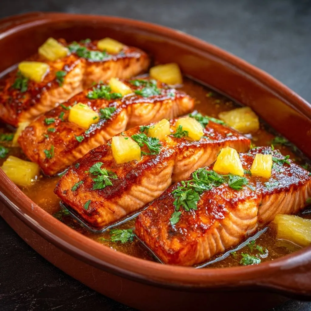 Pineapple glazed salmon showing caramelized perfection with a close-up view of the pineapple garnish and fresh parsley.