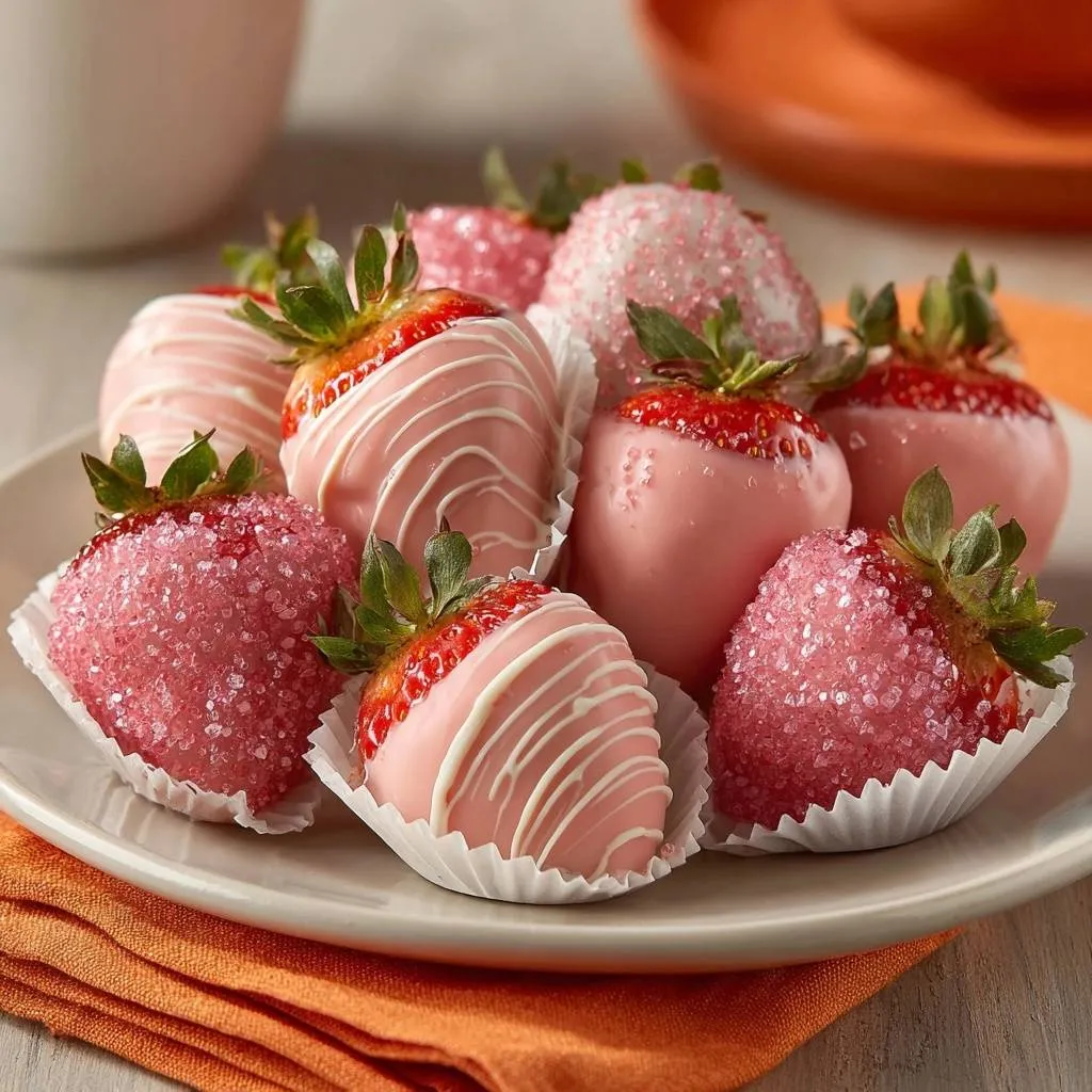 Pink chocolate dipped strawberries with detailed white drizzle and pink sugar crystals on a plate.