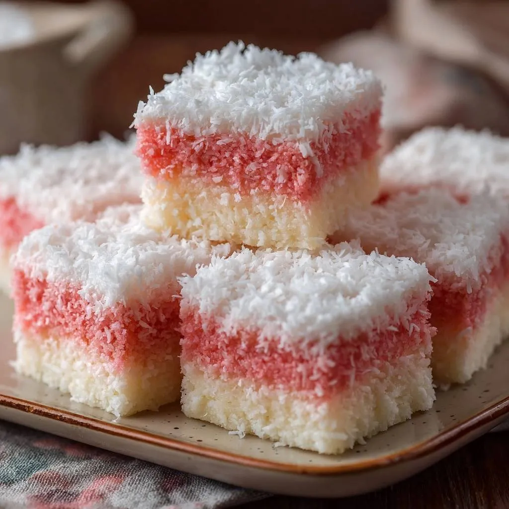 Pink and white coconut ice recipe shown in a close-up, stacked arrangement on a plate, highlighting the layered texture and shredded coconut coating.