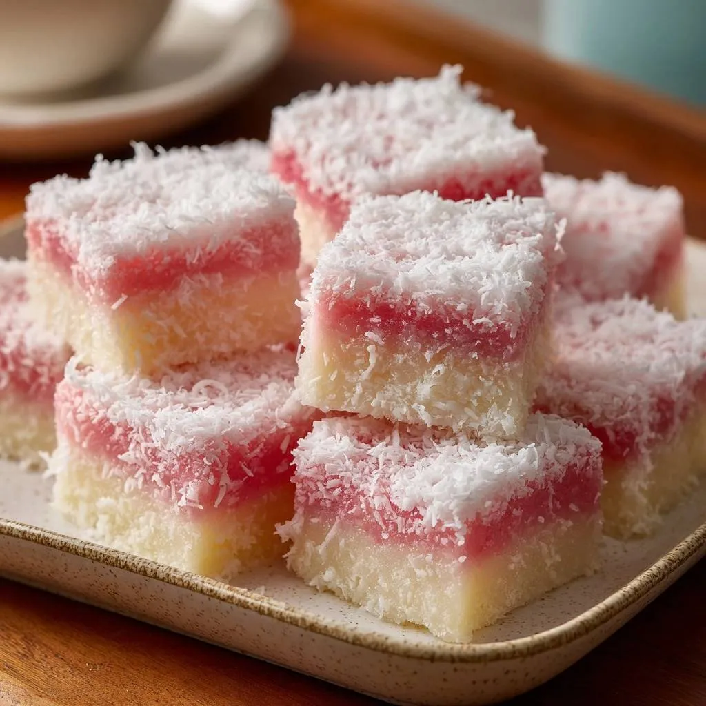 Pink & White Coconut Ice recipe shown in a close-up stack, showcasing layers of pink and white confection with shredded coconut topping.