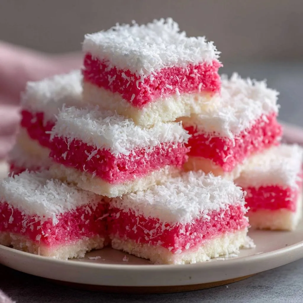 Pink and white coconut ice squares stacked on a plate, showcasing their layered texture and coconut topping.