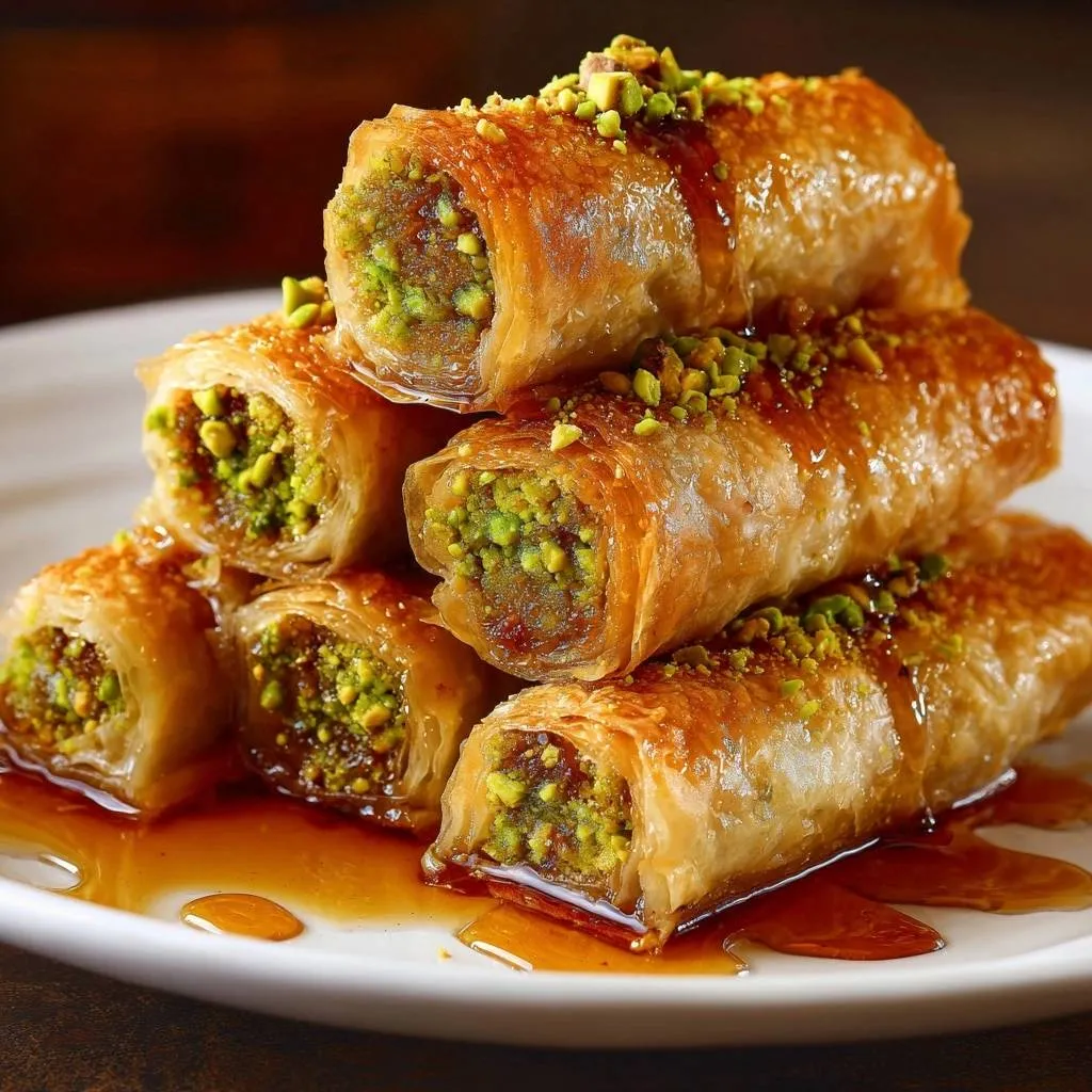 Pistachio baklava rolls with crispy phyllo layers, showing a close-up cross-section revealing the pistachio filling and syrupy glaze.