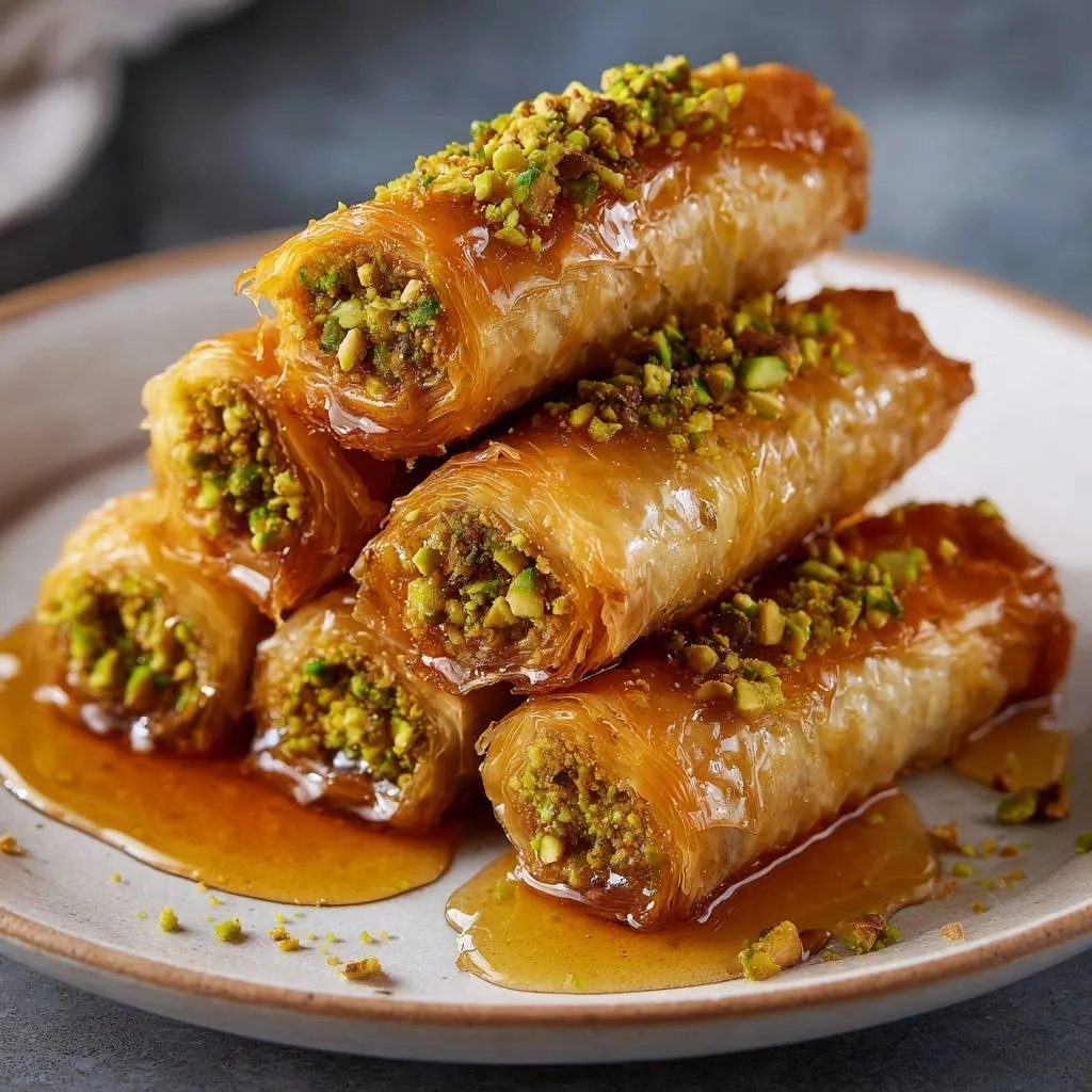Pistachio baklava rolls with crispy phyllo layers generously drizzled with golden honey and topped with chopped pistachios.