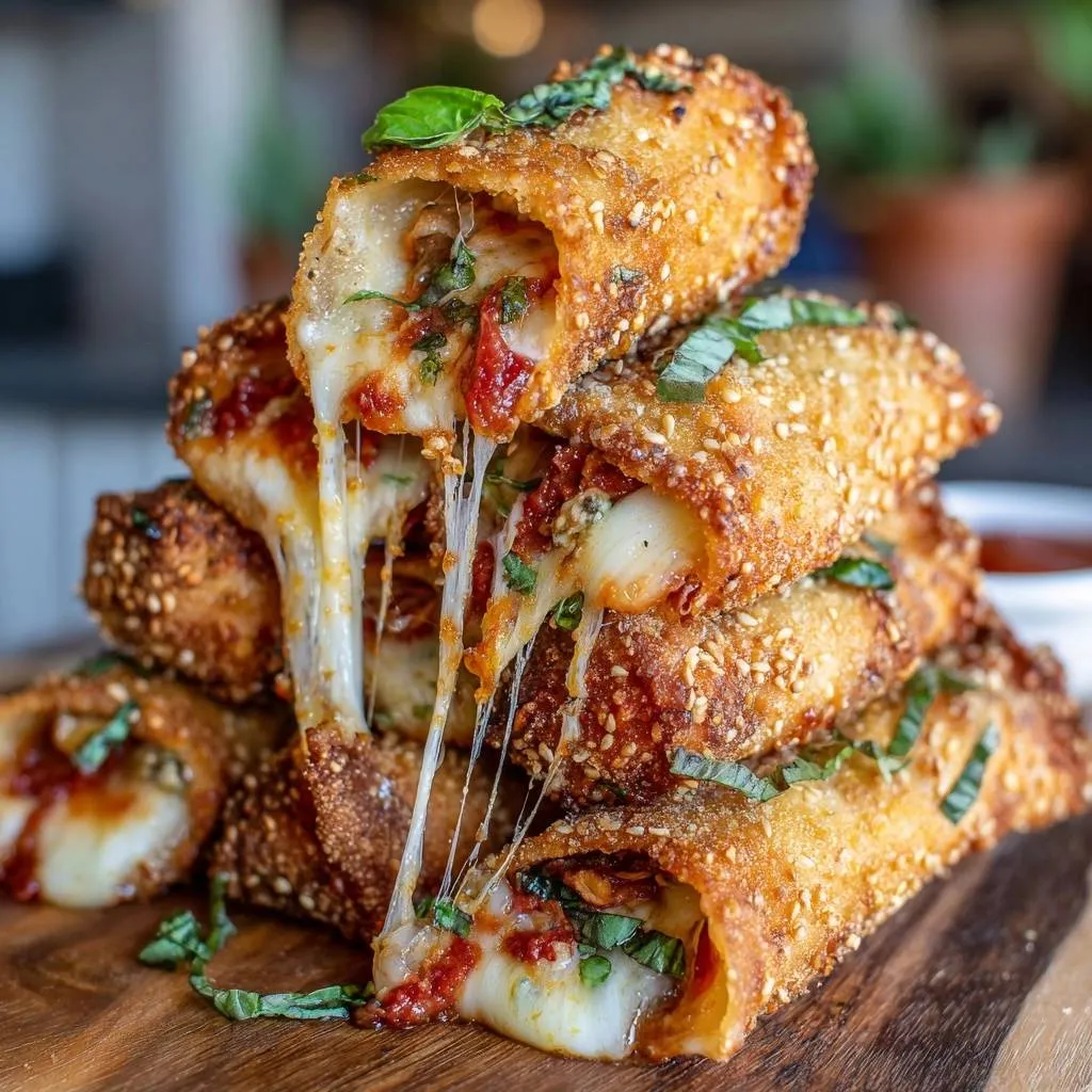 Gooey pizza egg rolls with a spectacular cheese pull, showcasing the melted mozzarella and tomato filling.