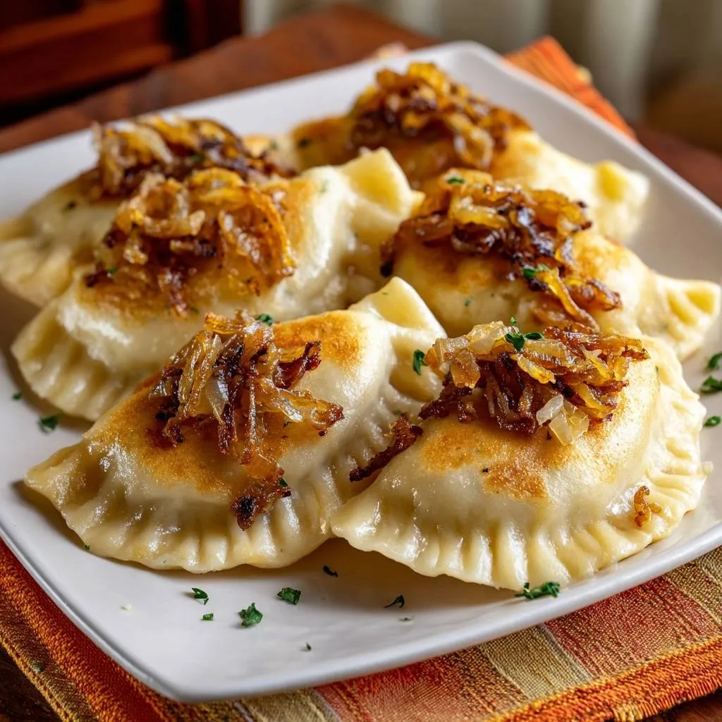 Crispy pan-fried potato cheese pierogi topped with golden caramelized onions and fresh parsley.