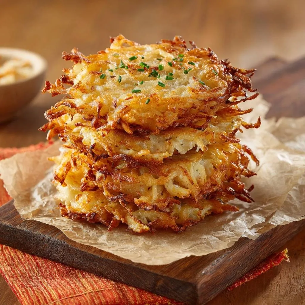 Crispy potato latkes stacked high and garnished with fresh chives on a wooden board.