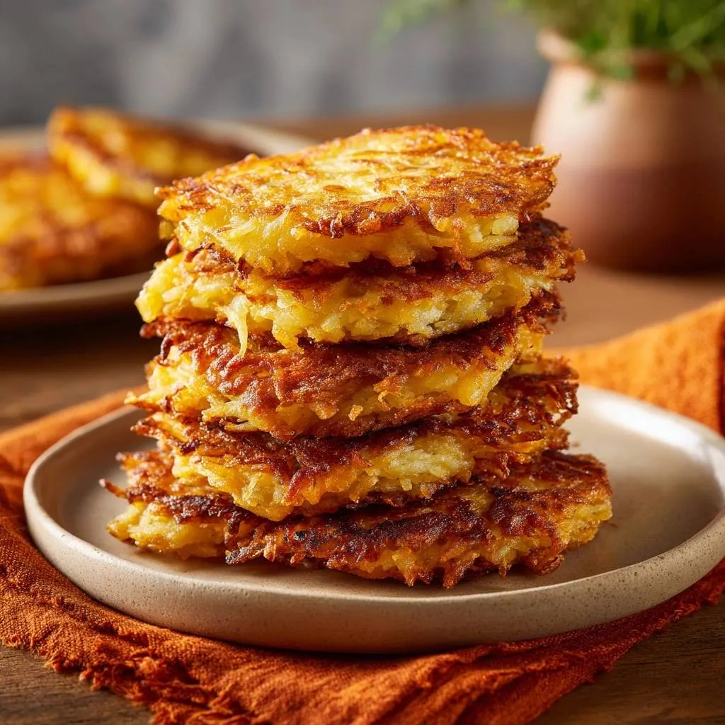 Crispy potato latkes stacked high on a rustic plate, showcasing their golden-brown texture.