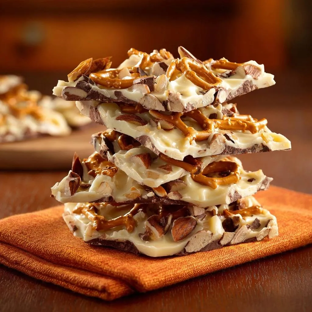 Pretzel almond white chocolate bark stacked on an orange napkin, showing a close-up of the layered texture.