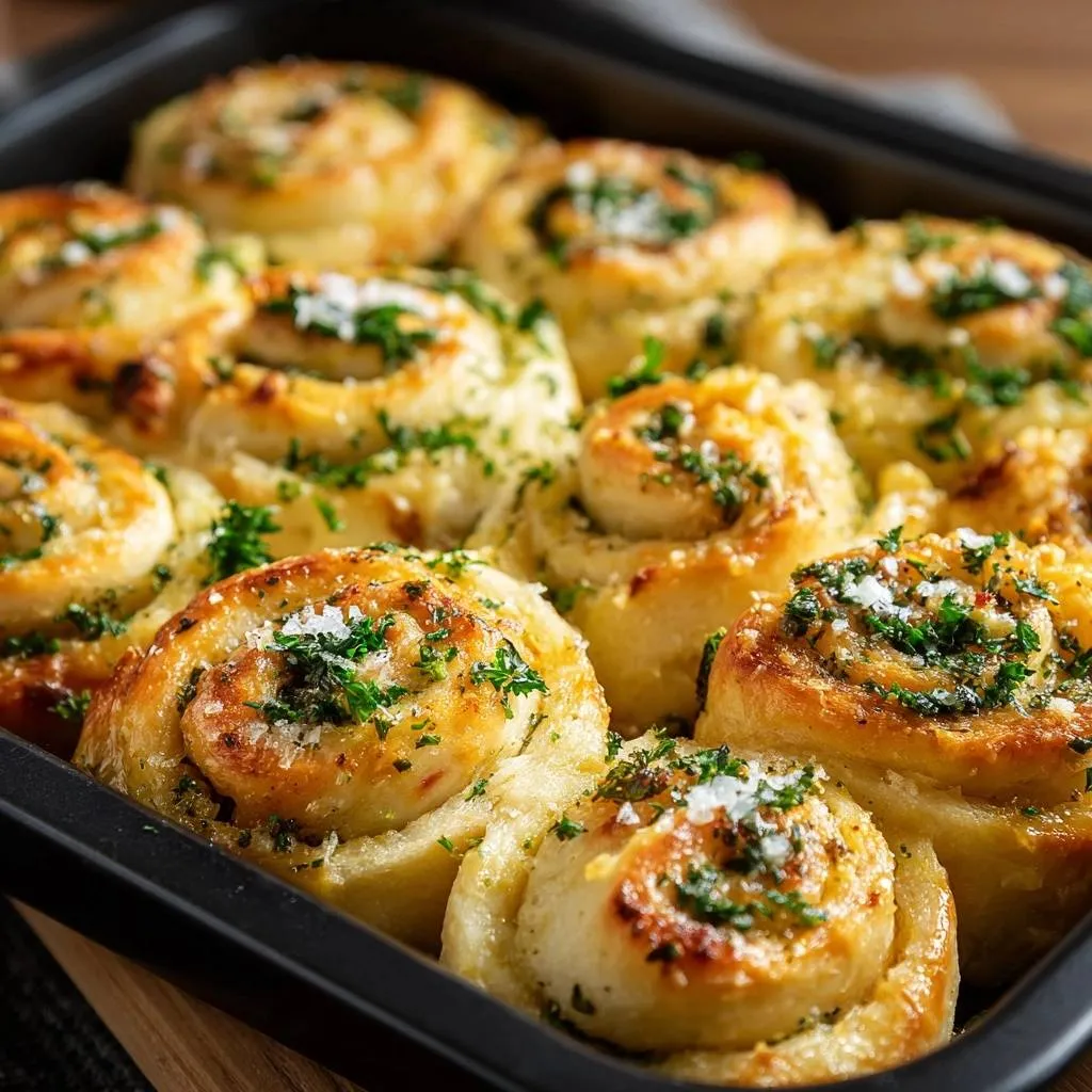 Pull-apart garlic butter rolls with fluffy centers shown fresh from the oven in a baking dish, sprinkled with parsley.