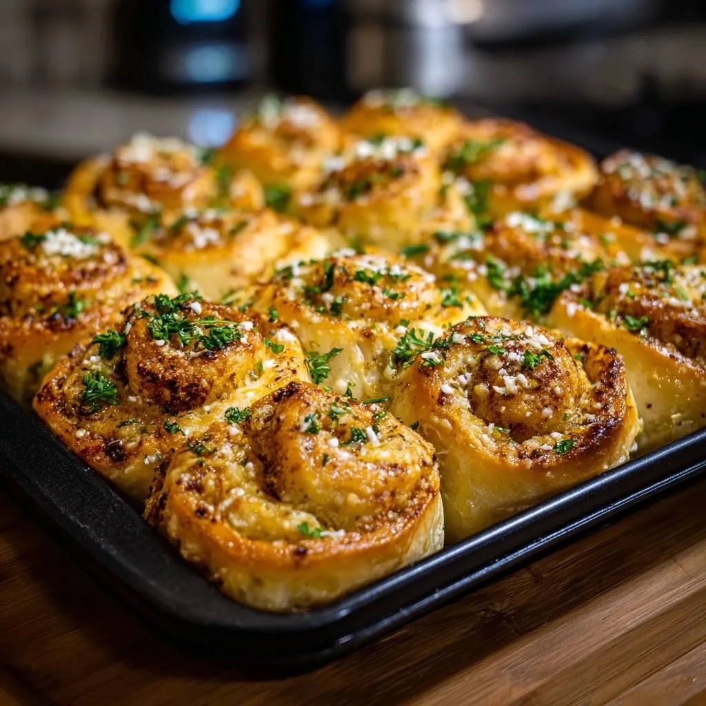 Pull-apart garlic butter rolls with fluffy centers, freshly baked and glistening on a black baking tray.