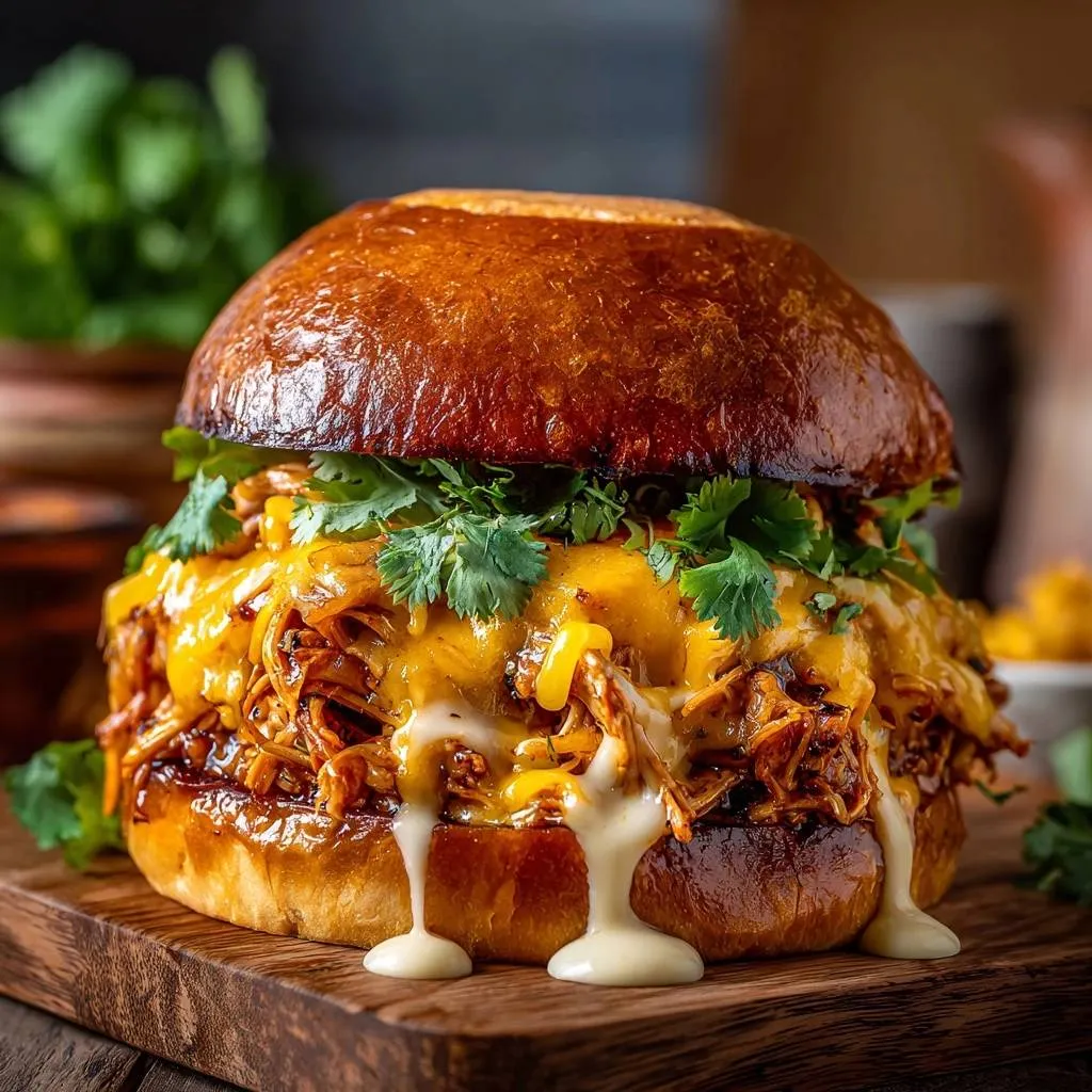 Loaded pulled chicken brioche burger with melted cheddar cheese and fresh cilantro on a wooden board.