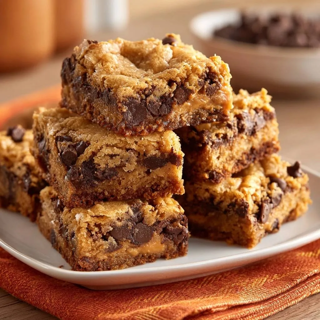 Pumpkin chocolate chip blondies stacked to reveal a chewy interior with melted chocolate chips.