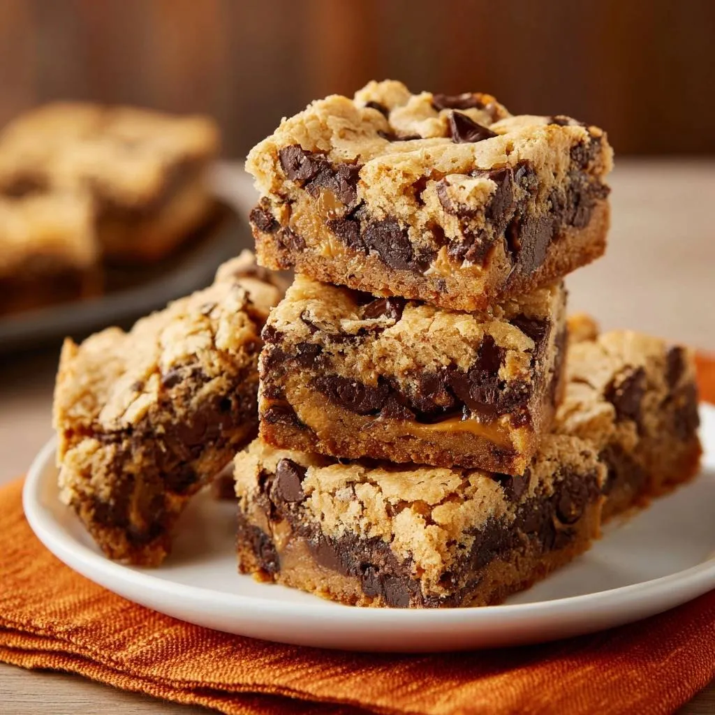 Pumpkin chocolate chip blondies stacked on a white plate, showing a rich cross-section of gooey chocolate and caramel.