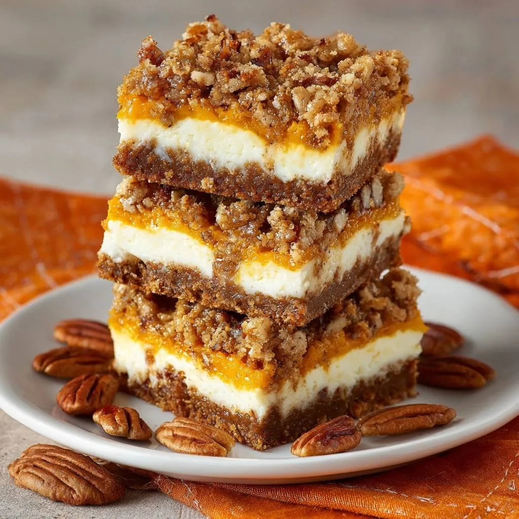 Pumpkin pecan cheesecake bars with crunchy streusel, stacked on a white plate with pecans.